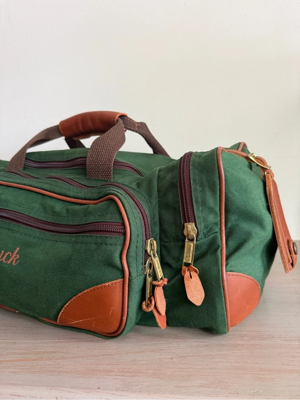 Vintage LL Bean Green Continental Weekender Duffle Bag Canvas Leather Mono CHUCK